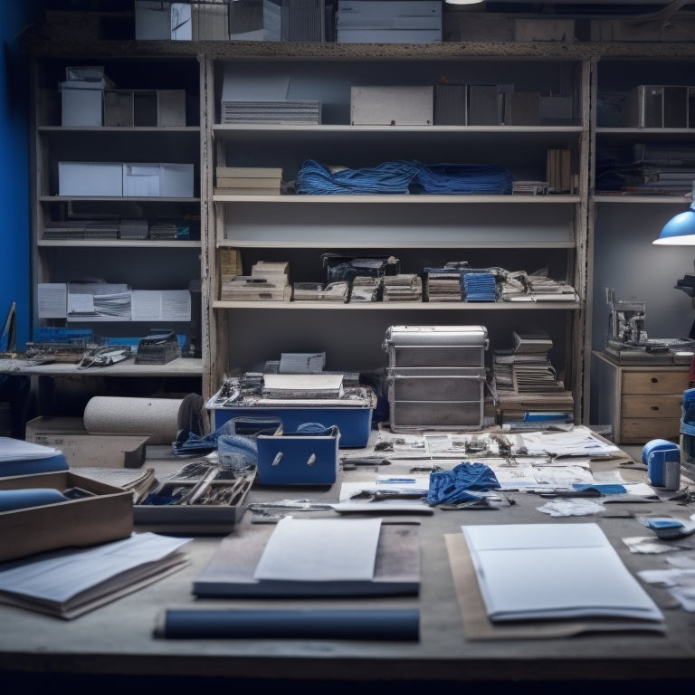 A cluttered workshop with scattered blueprints and rolls of paper, contrasted with a sleek, silver Brookside Design mobile storage rack in the center, holding neatly organized rolls and a few pens.