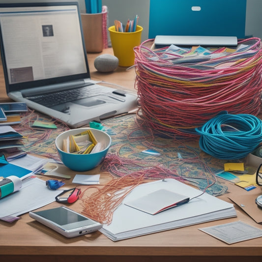 A messy desk cluttered with tangled cords, scattered papers, and multiple devices, with a single, neatly organized folder in the center, containing a stack of manuals, bound with a colorful rubber band.