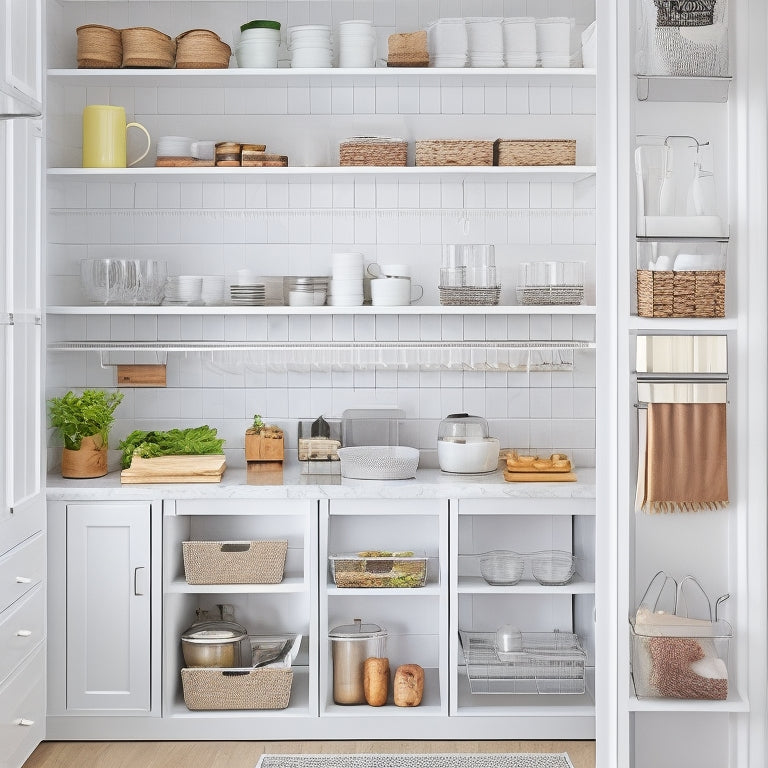 A bright, organized kitchen pantry with white walls, wooden floors, and IKEA storage solutions: adjustable shelves, wire baskets, and cabinets in a modern, minimalist style, with neatly arranged cookbooks and kitchen utensils.