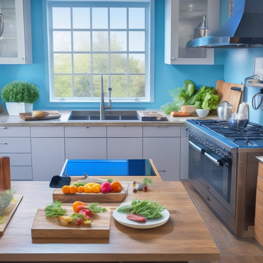 A modern kitchen with sleek countertops, stainless steel appliances, and a large island in the center, featuring a tablet with a meal planning app open, surrounded by ingredients and cooking utensils.