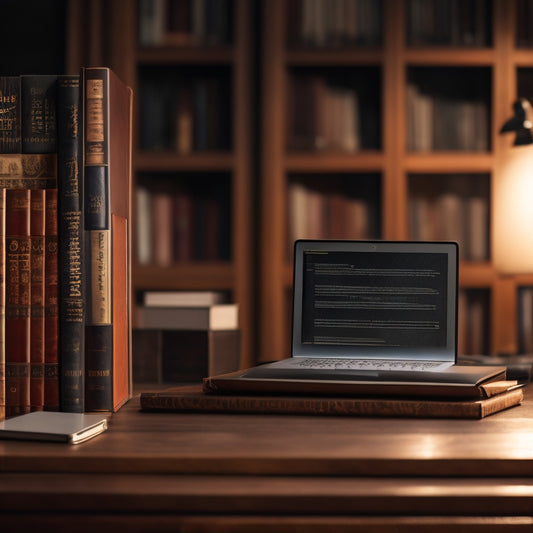 A serene, well-organized digital bookshelf with rows of ebook spines, a laptop with Calibre open in the background, and a few ebooks floating out of the laptop screen, surrounded by subtle, warm lighting.