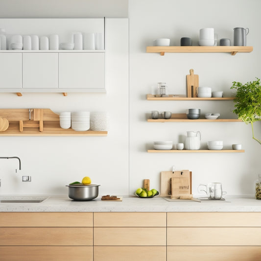 A serene, white kitchen with a minimalist aesthetic, featuring a few, carefully-placed utensils on a magnetic board, a compact spice rack, and a sleek, handle-less cabinet with a subtle, wooden texture.