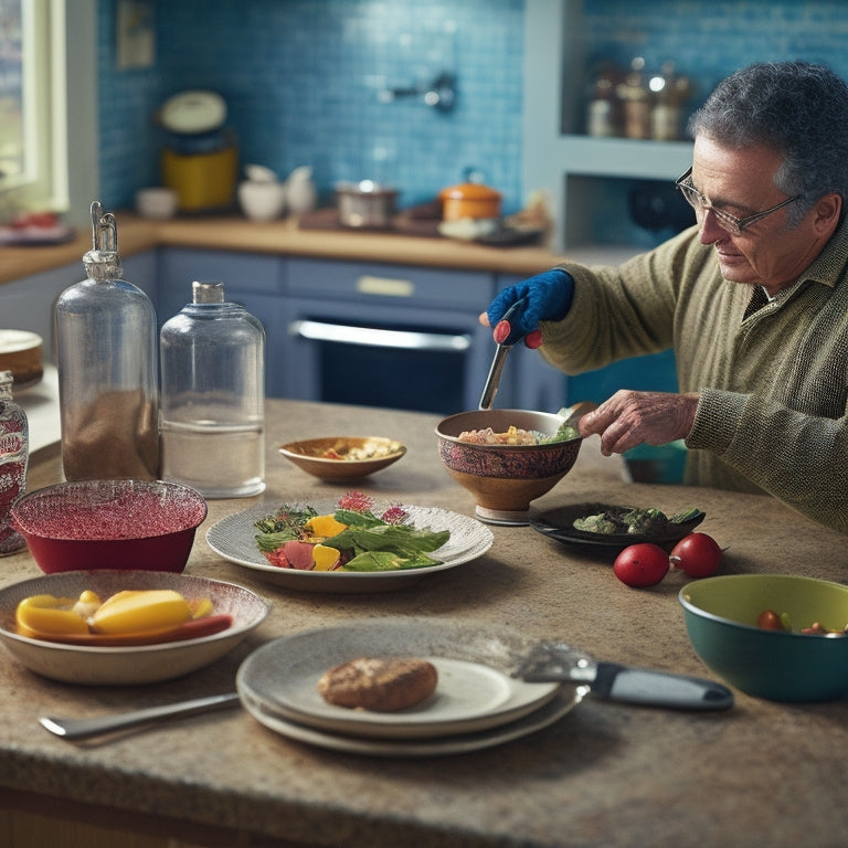 A warm and inviting kitchen scene featuring a person with a disability using adaptive utensils, such as a ergonomic grip knife and a one-handed can opener, on a clutter-free counter.