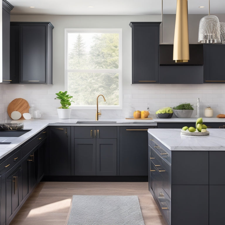 A bright, modern kitchen with sleek, matte-black cabinets, quartz countertops, and a large island featuring a built-in sink and a ergonomic faucet with a sleek, curved handle.