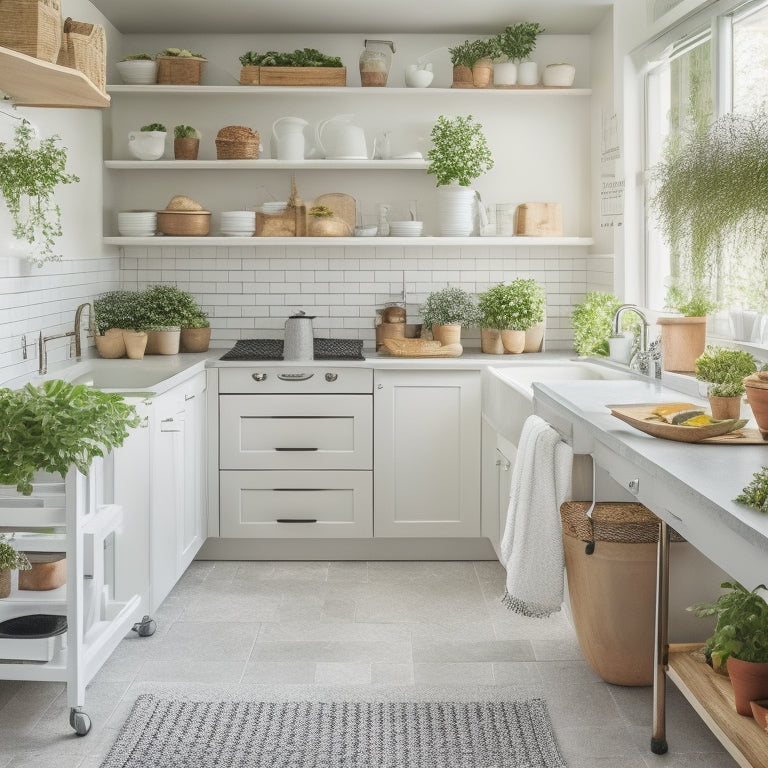 A bright and airy kitchen with sleek, modern cabinets, a utensil organizer on the wall, and a cart with labeled bins, surrounded by a few strategically placed potted plants.