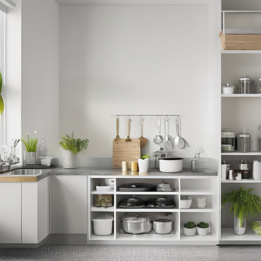 A tidy kitchen with a minimalist aesthetic, featuring a utensil organizer on the wall, a compact spice rack, and a sleek kitchen cart with a built-in trash can and storage bins.