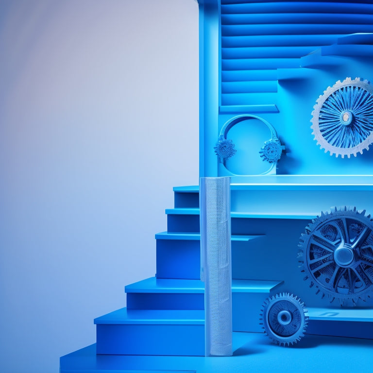 A modern, sleek, and minimalist illustration depicting a staircase of gears, with each step leading upwards, symbolizing growth and progress, set against a bright blue background with subtle gradient effects.