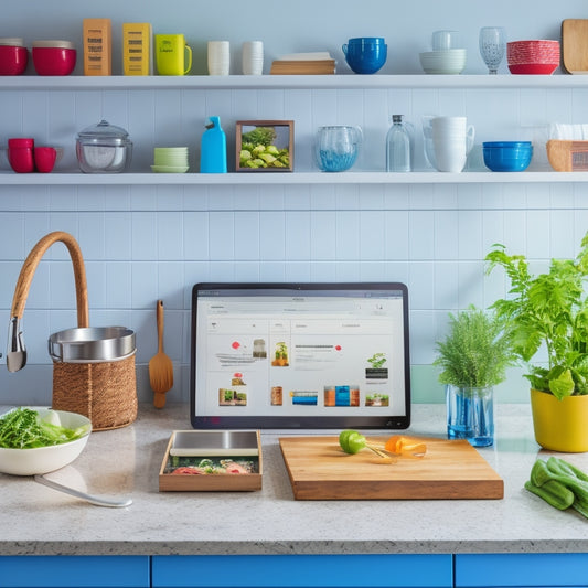 A bright, modern kitchen with sleek countertops, tidy utensil organizers, and a large tablet displaying a virtual course dashboard, surrounded by scattered cookbooks and a few utensils in the process of being organized.