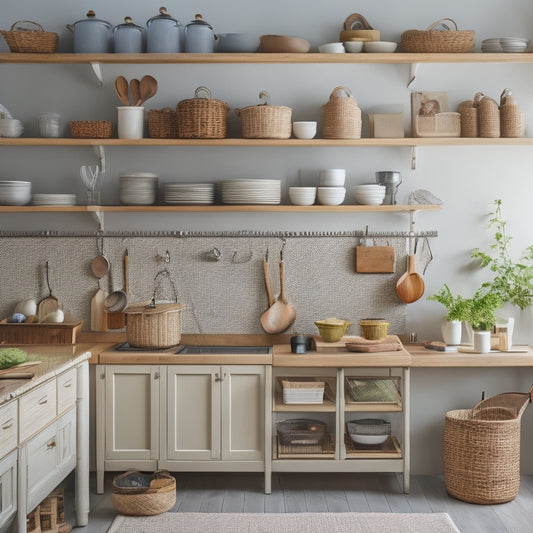 A clutter-free kitchen with a calm, neutral-colored background, featuring a tidy island with three woven baskets, a few cookbooks on a wooden shelf, and a few utensils organized on a pegboard.
