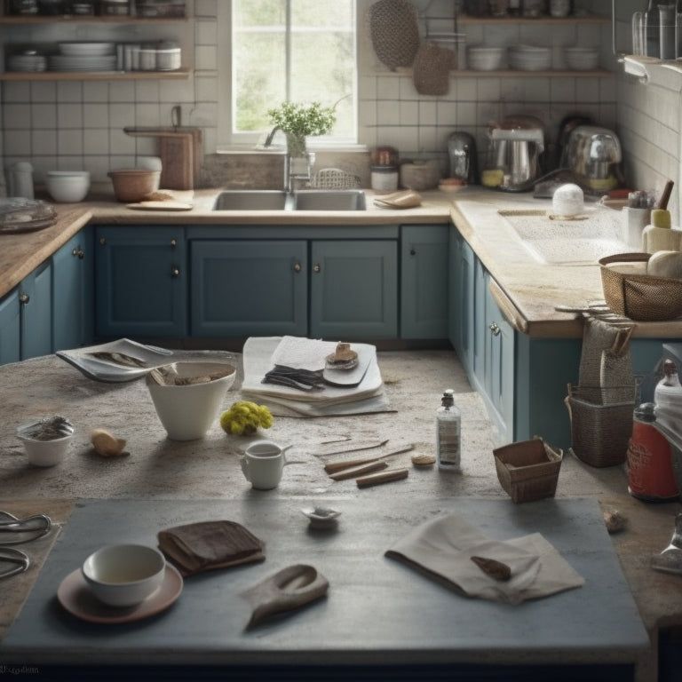 A cluttered kitchen with open cabinets, messy countertops, and scattered utensils, contrasted with a small, crumpled up piece of paper with a faint, unfinished floor plan in the corner.