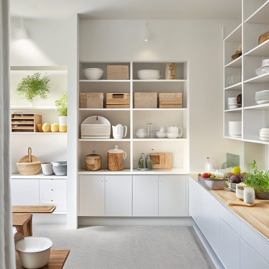 A serene, light-filled kitchen with a floor-to-ceiling, handleless, white minimalist pantry featuring neatly stacked, identical white containers and a few, carefully chosen cookbooks on a single shelf.