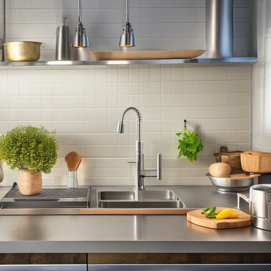 A clean and modern kitchen with stainless steel countertops, a commercial-grade sink, and a thermometer on the wall, surrounded by utensils and equipment, with a faint outline of the Virginia state shape in the background.