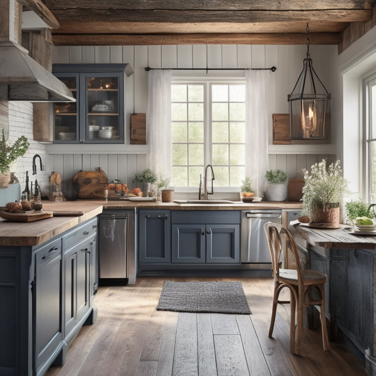 A warm, inviting farmhouse kitchen with rustic wooden beams, vintage metal lanterns, and distressed cabinets in soft blues and whites, surrounded by lush greenery and warm golden lighting.