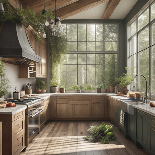 A serene kitchen space with natural light pouring in through a large window, featuring a large island with a built-in cooktop, surrounded by lush greenery and a statement wooden ceiling.