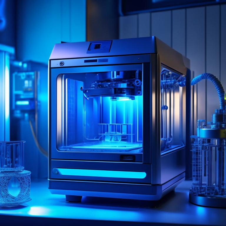 A futuristic laboratory scene featuring a sleek, silver 3D printer with glowing blue accents, surrounded by intricate, swirling metal prototypes and futuristic machinery, set against a dark, gradient background.