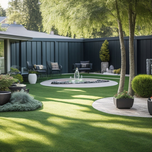 A serene backyard scene with lush, vibrant artificial turf, a few scattered toys, and a sunny afternoon ambiance, surrounded by mature trees and a sleek, modern outdoor seating area.