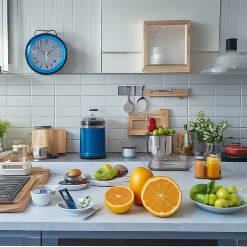 A modern, bright kitchen with a laptop and smartphone on the counter, surrounded by utensils and ingredients, with a clock and a chart on the wall, and a few open recipe books.