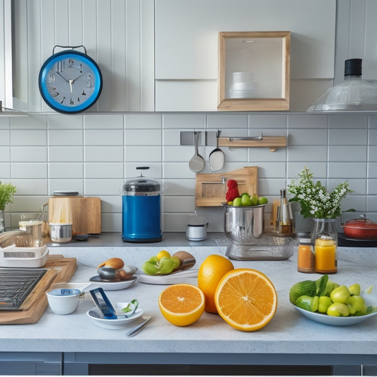 A modern, bright kitchen with a laptop and smartphone on the counter, surrounded by utensils and ingredients, with a clock and a chart on the wall, and a few open recipe books.