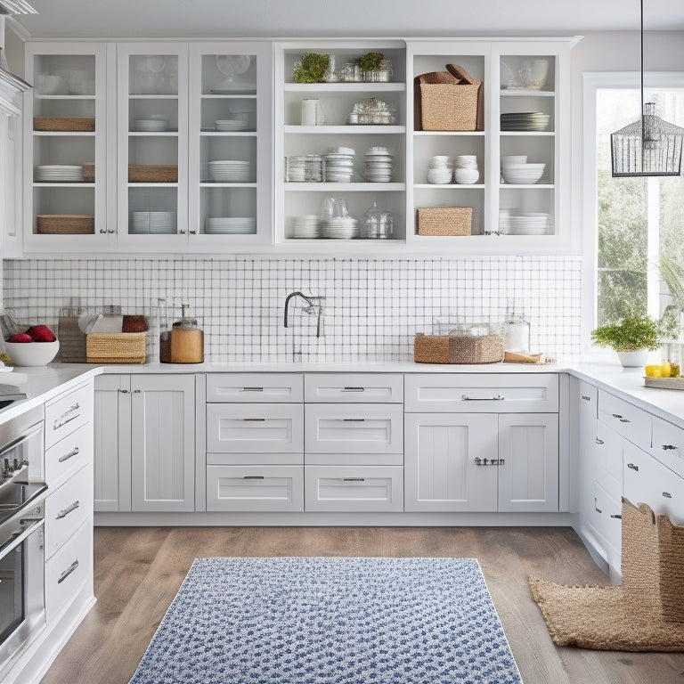 A bright, modern kitchen with sleek white cabinets, a large island, and a pegboard on the wall, featuring a mix of baskets, bins, and hooks, all neatly organized and clutter-free.