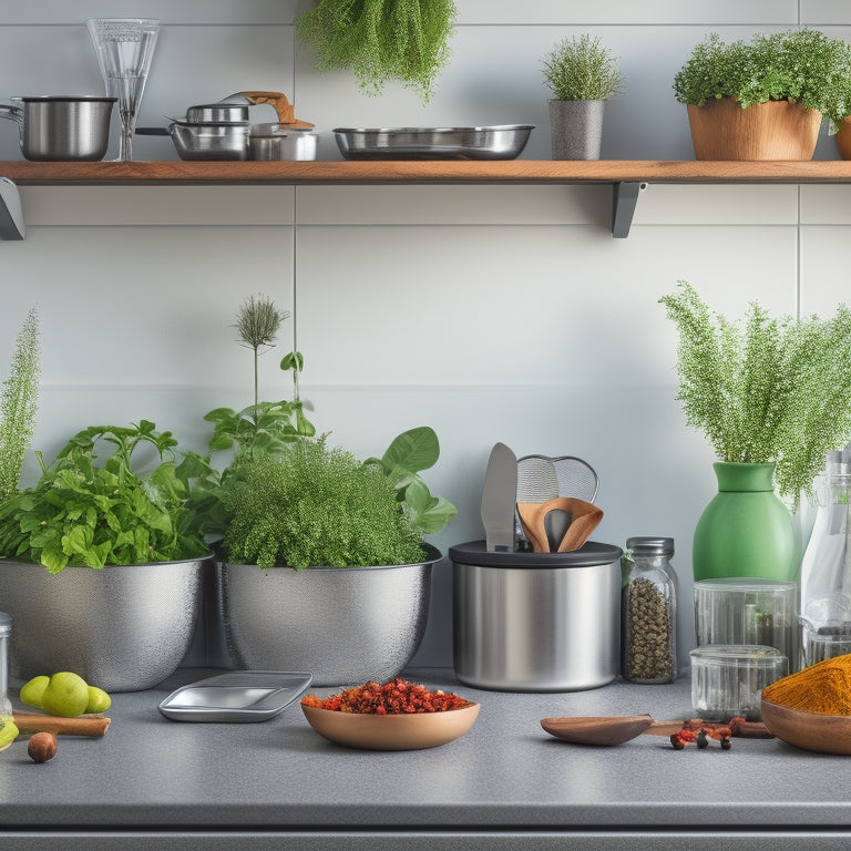 A tidy kitchen countertop with a sleek, silver magnetic board mounted on the wall, holding various metal containers, spices, and utensils, surrounded by a few strategically placed decorative plants.