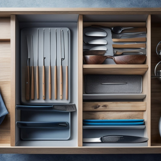 A tidy kitchen drawer with a divided organizer, containing neatly arranged utensils, including a row of vertical standing kitchen knives, a section for spoons and spatulas, and a small tray for miscellaneous items.