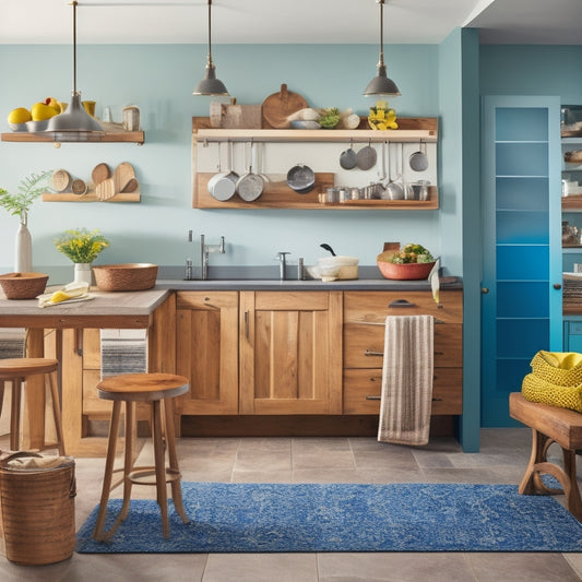 A stylish, modern kitchen with a beautiful wooden island, featuring McCall's vibrant apron draped over a stool, surrounded by matching kitchen accessories, including tea towels, oven mitts, and a utensil holder.