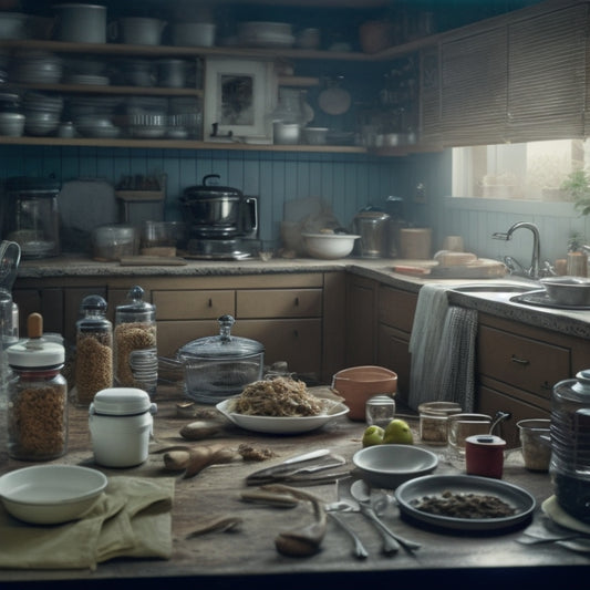 A messy kitchen with overflowing cabinets, open drawers, and countertops cluttered with kitchen gadgets, utensils, and expired food items, with a faint outline of a frazzled person in the background.