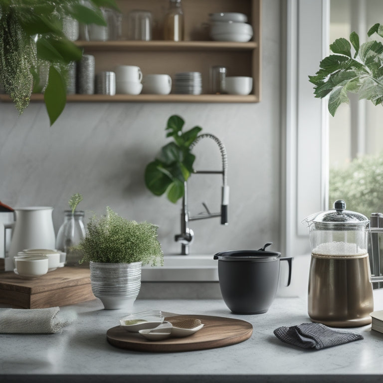 A tidy kitchen with a few carefully placed items: a small vase with fresh greenery, a sleek coffee maker, and a single, leather-bound cookbook, against a backdrop of warm, creamy countertops and crisp white cabinets.