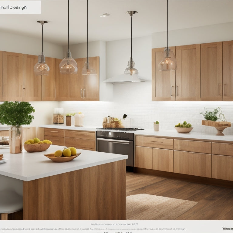 A minimalist kitchen design template on a Canva interface, with a light wood tone background, stainless steel appliances, and a partially designed kitchen layout featuring a large island and pendant lights.