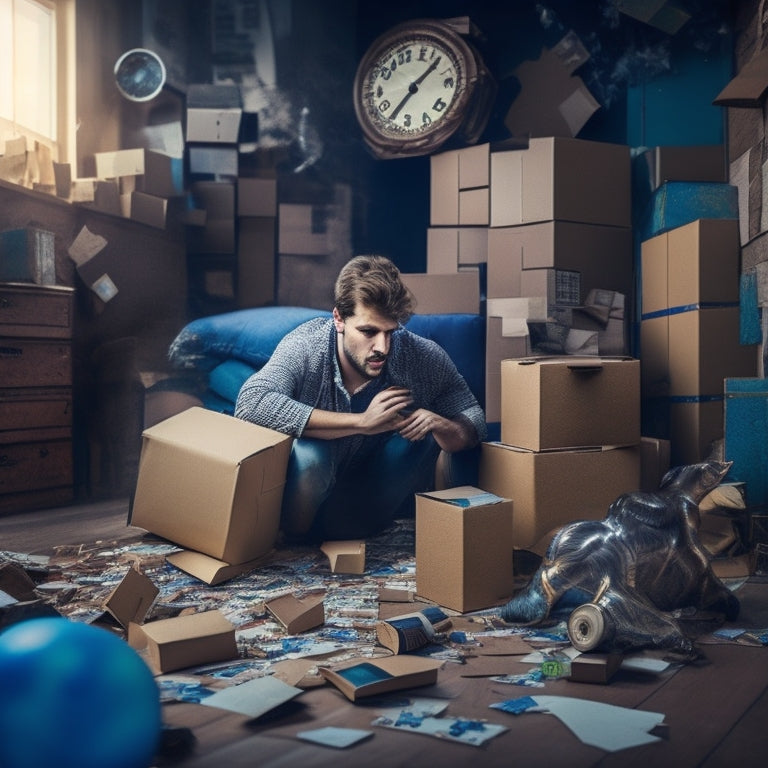 An image depicting a frustrated person surrounded by scattered boxes, torn packaging, and broken items, with a clock ticking in the background and a faint outline of a solution (e.g., a puzzle piece fitting into place) emerging from the chaos.