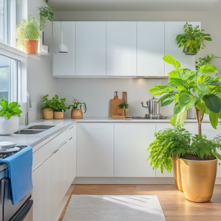 A bright, modern kitchen with crisp white cabinets, gleaming stainless steel appliances, and a spotless quartz countertop, featuring a neatly organized utensil holder and a few strategically placed potted plants.