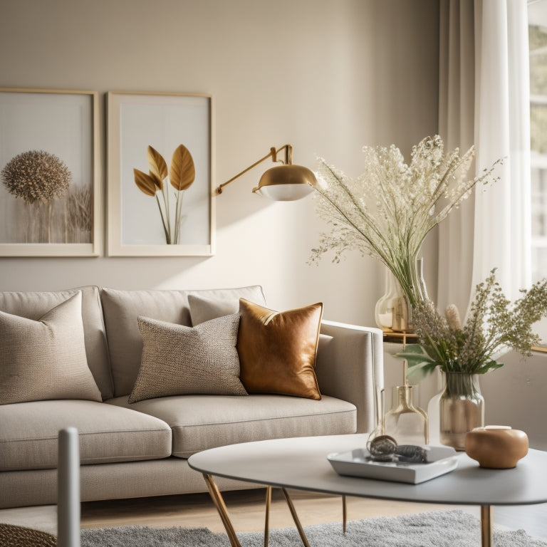 A bright, modern living room with a neutral-colored sofa, a vase with fresh flowers on a minimalist coffee table, and a few framed artworks on the walls, with natural light pouring in.