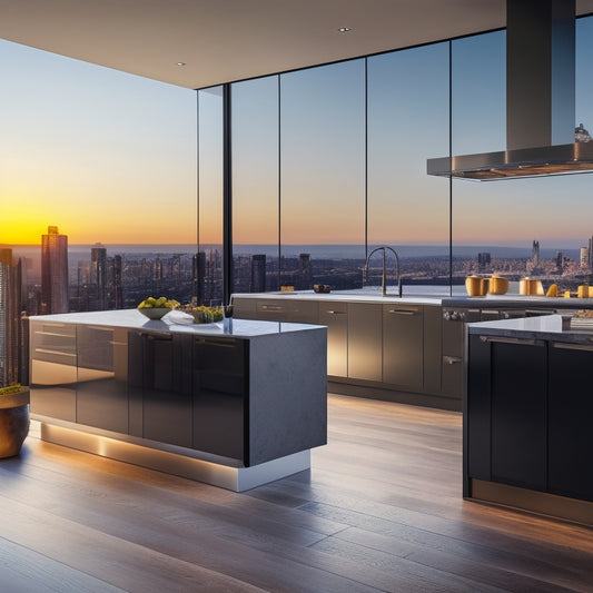 A sleek, modern kitchen with high-gloss cabinets, quartz countertops, and a massive island, set against a backdrop of large windows and a stunning cityscape at sunset.