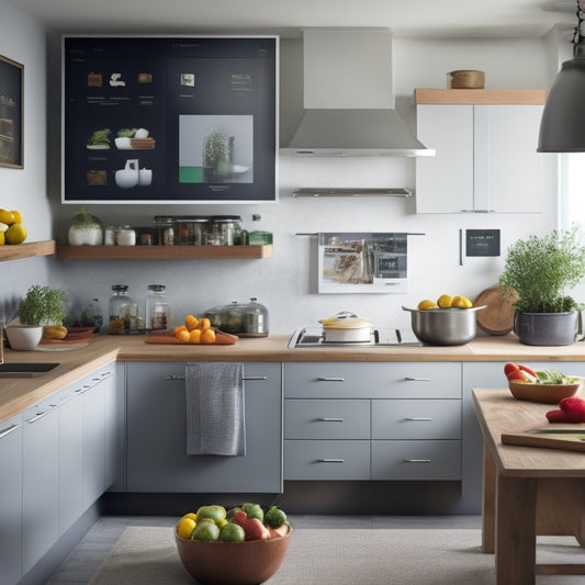 A modern kitchen with sleek, handle-less cabinets, a large island, and a wall-mounted tablet displaying a digital recipe book, surrounded by neatly organized utensils and ingredients.