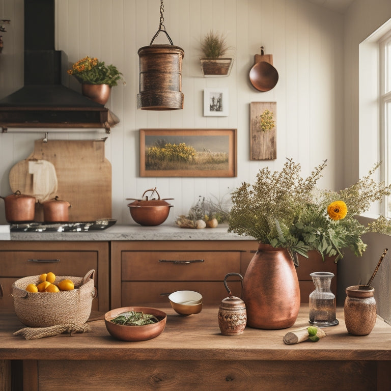 A warm, bright kitchen with a mix of modern and vintage elements: a reclaimed wood island, copper pots, a wooden spoon rest, a vase with fresh flowers, and a few framed black and white photos on the walls.