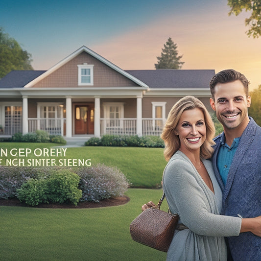 An illustration of a smiling couple standing in front of a cozy suburban home with a "SOLD" sign, surrounded by lush greenery, with a subtle background of a cityscape and a few floating house keys.