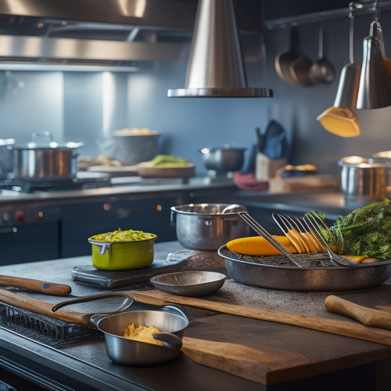 A bustling restaurant kitchen with stainless steel countertops, a commercial-grade stove, and a utensil organizer in the background, featuring a chef's knife, tongs, and a kitchen torch in the foreground.