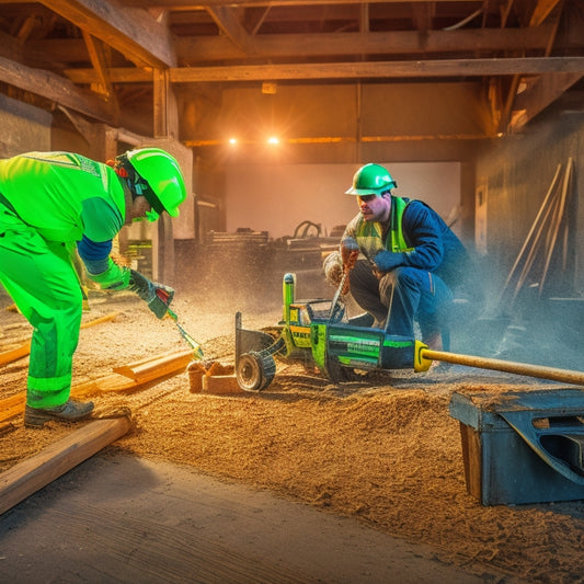 A cluttered construction site with a worker in the background, holding a Bosch laser measure tool, with bright green laser lines crisscrossing a wooden beam, amidst scattered tools and building materials.