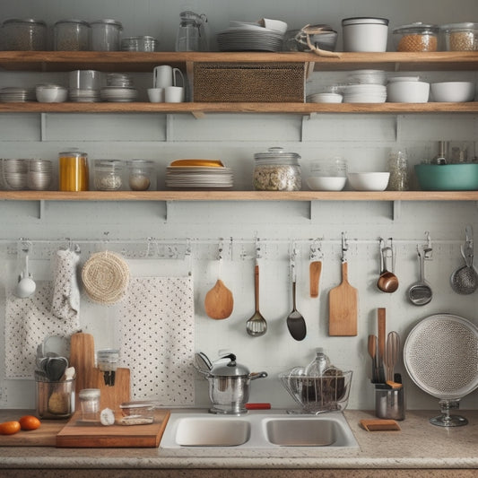 A tidy kitchen with a mix of open and closed storage, including a pegboard with hanging utensils, a drawer organizer with labeled sections, and a countertop with a few decorative canisters.