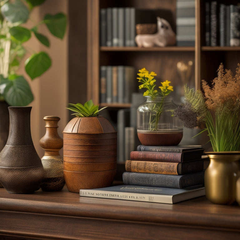 A cozy bookshelf with 5-7 essential homeowner guides, surrounded by decorative vases, potted plants, and a few scattered bookmarks, set against a warm, earthy-toned background.