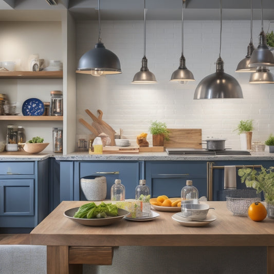 A bright, modern kitchen with a laptop open on a quartz countertop, surrounded by cookbooks, utensils, and a mixing bowl, with a blurred background of a kitchen island and pendant lights.