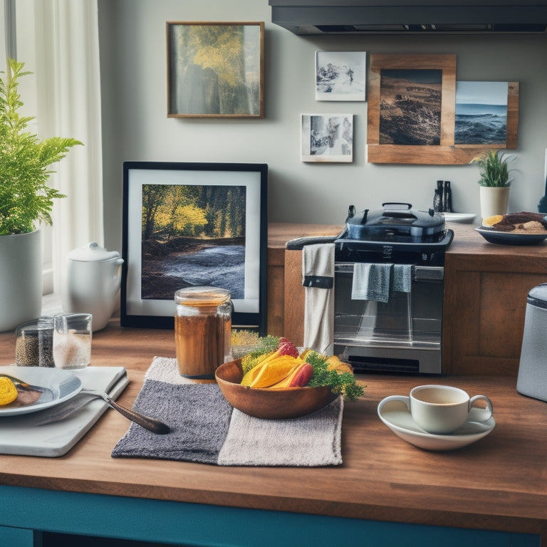 A modern kitchen with a tablet and a cup of coffee on the counter, surrounded by ripped-out magazine pages and a few decorative kitchen items, with a blurred digital tablet screen displaying a kitchen decor magazine in the background.