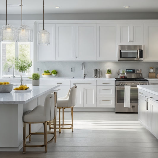 A bright, modern kitchen with sleek, white cabinets, polished chrome hardware, and soft, warm lighting, featuring a large center island with a built-in cooktop and ample countertop space.