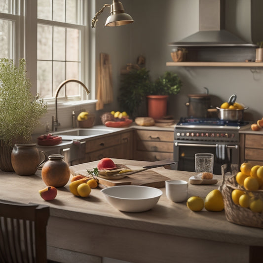 A warm, inviting kitchen with a mix of modern and vintage utensils, a wooden cutting board, a few ripe fruits, and a hint of natural light, with a blurred Airbnb laptop in the background.