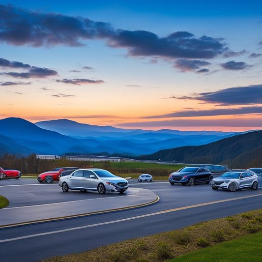 A serene landscape of the Blue Ridge Mountains in the background, with a modern Valley Honda dealership in the foreground, featuring a variety of shiny new vehicles on display.