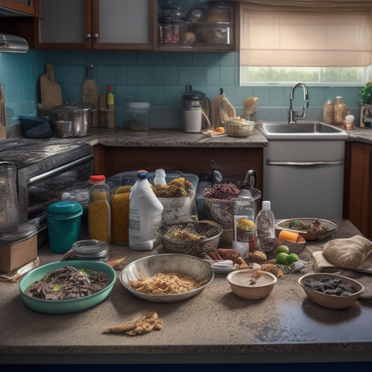 A messy kitchen with countertops cluttered with dirty dishes, utensils, and expired food, surrounded by overflowing cabinets and a trash can overflowing with packaging and food waste.