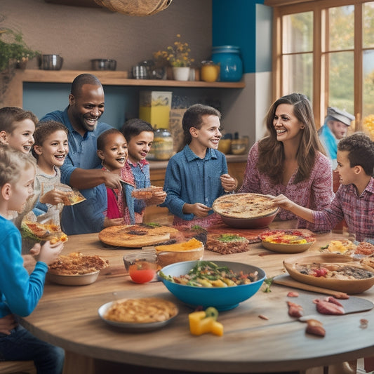 A vibrant, clutter-free kitchen scene with a sprawling wooden table, colorful utensils, and an assortment of toppings, sauces, and cheeses, surrounded by smiling children and parents eagerly crafting their pizzas.