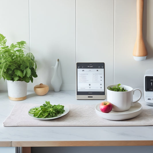 A serene, minimalist kitchen countertop with a few sleek, modern devices: a tablet displaying a meal planning app, a smart coffee maker, and a compact kitchen scale, surrounded by a few fresh herbs and a single, ripe apple.