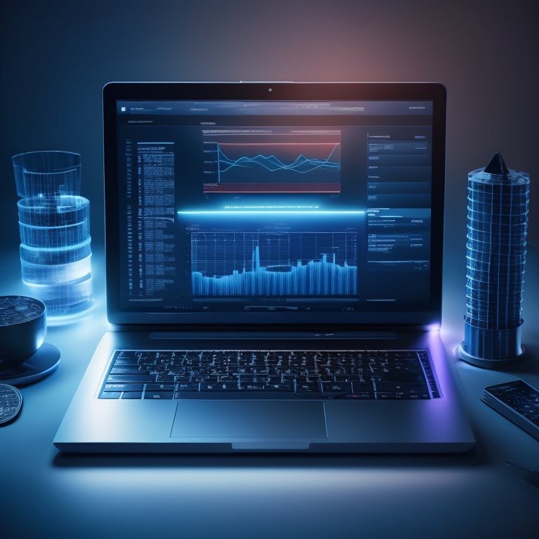 A modern, sleek illustration featuring a laptop with a glowing screen displaying a split-screen comparison of various digital platforms, surrounded by rising graphs and coins, set against a dark blue background.