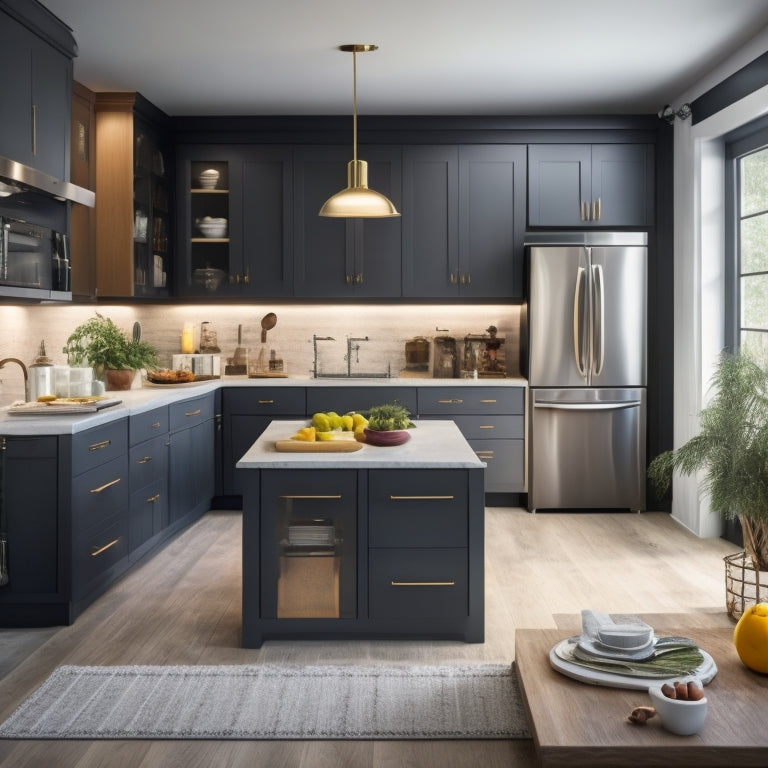 Generate an image of a sleek, modern kitchen with a spacious island, adorned with a built-in cutting board, utensil organizers, and a pegboard with hooks, surrounded by gleaming appliances and ample storage.